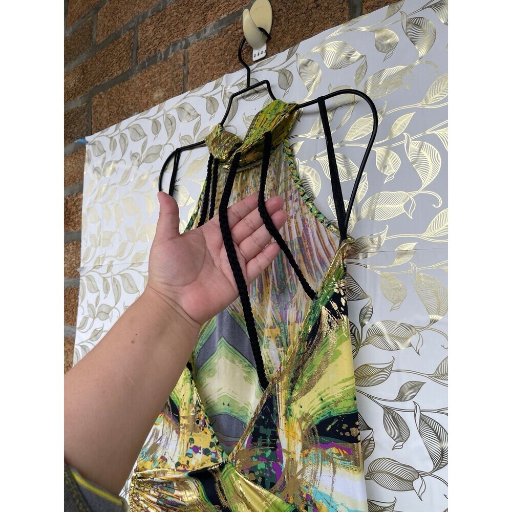 VavaVoom Gold Metallic Halter Jumpsuit Green Y2K Cyber Glam Wide Leg Open Back M - Picture 9 of 11